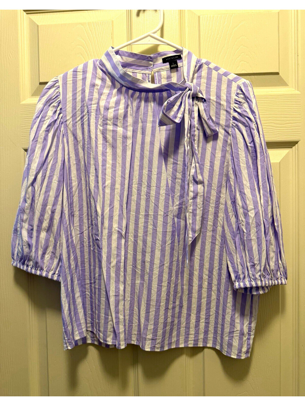 Ann Taylor Women’s Purple/White Striped Bow Neck 3/4 Puff Sleeve Blouse L